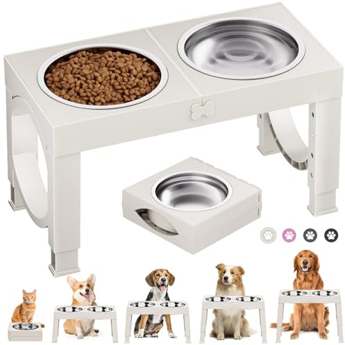 X XBEN Gamelle Chien Surélevées de 5 Hauteurs Ajustables, Gamelle pour Chien avec 2 Bols en Acier Inoxydable de 1,5L, Pliable, Antidérapant, Convient aux Petits, Moyens et Grands Chiens, Blanc