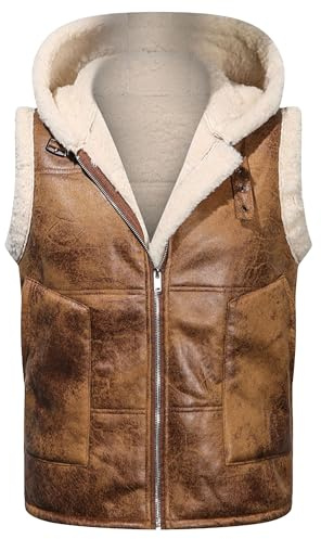 ZDJSWJ Hommes Fourrure Peau de Mouton épais Gilet à Capuche en Cuir Chaud Hiver Gilet Moto Casual Manteau PU Gilet (Brown,4TG)