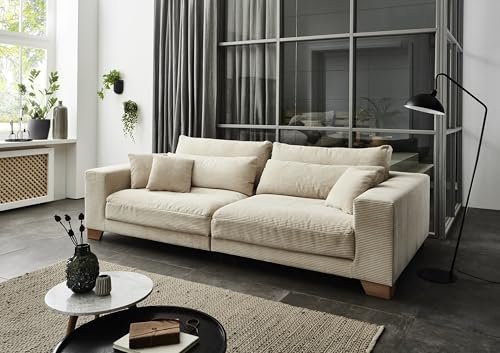 möbelando Big-Sofa >Phebe< in Creme, mit Nosagunterfederung, Polyätherschaum und Daune, inkl. 2 Rückenkissen und 5 Zierkissen (Davon 2 Nierenkissen), 286 x 90 x 141 cm (BxHxT)