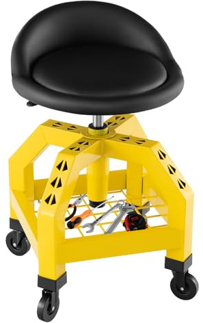 GYMAX Werkstatthocker höhenverstellbar, Rollhocker mit werkzeugablage, Rollen & gepolsterter Sitzfläche, bis 150kg belastbar, Arbeitshocker für Werkstatt, Garage & Reparatur (Gelb)