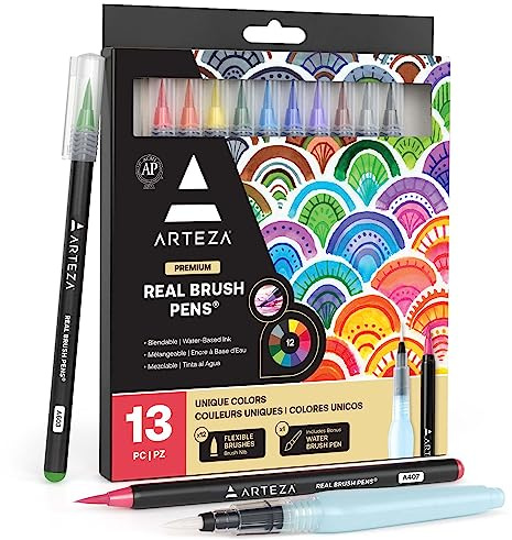 ARTEZA Real Brush Pens, 12 Watercolor Pens, Drawing Markers with Flexible Brush Tips, Watercolor Markers for Artists, and Beginners