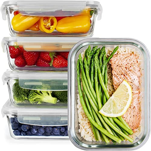 Glass food storage containers with lids - 5 Pack - glass meal prep containers, airtight Lunch Box for Kitchen Storage & Organisation - 850ml / 28oz
