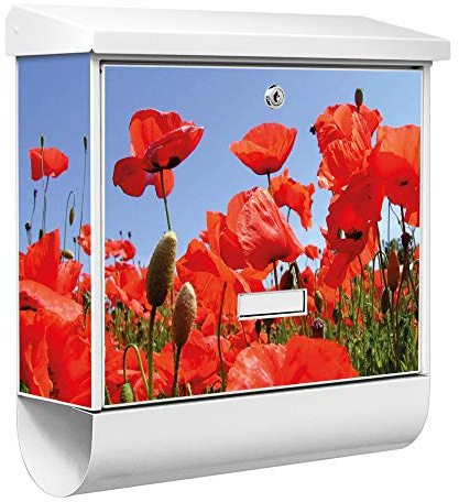 banjado® Burgwächter Briefkasten Weiß 38x39x12cm mit Motiv Mohnblumen/Briefkasten mit Zeitungsfach/Briefkasten mit Zeitungsrolle/Postkasten inkl. Montagematerial & 2 Schlüsseln
