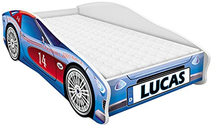 ACMA Autobett 140x70 cm mit Matratze und Lattenrost - Kinderbett Auto personalisiert mit Name, Modell 2, stabiles Jugendbett für Kinderzimmer, belastbar bis 120 kg