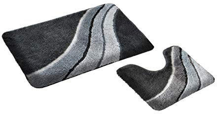 S&S-Shop Badematte Set | Grau | Kiel | mit Ausschnitt | 2 teilig | rutschfest | WC-Vorleger 50 x 45 cm | Badvorleger 50 x 90 cm | Badteppich | Teppich | Bad | Badezimmer