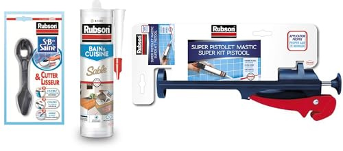 Rubson Mastic Bain&Cuisine Couleur Sable – 280 ml, inclus Super Pistolet Mastic & Cutter-Lisseur, Joint silicone multi-matériaux renforcé en antifongiques, mastic sanitaire coloré, souple & étanche