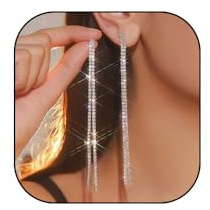 HUJUON Elegant Long Rhinestone Chain Earrings. Punk Double Strand Tassel Line Earrings Minimalism Crystal Drop Earring for Women Wedding Jewelry (Silver)