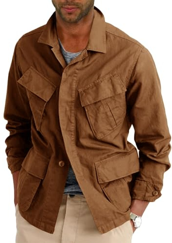 Runcati Leichte Safari-Jacke für Herren, Baumwolle, mit Knopfleiste, Outdoor, Militär, Cargo-Oberbekleidung, Braun, M
