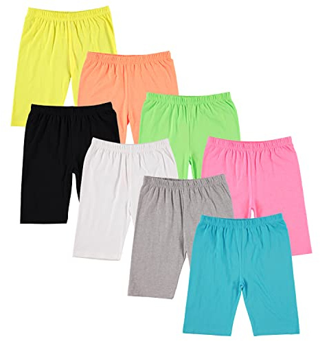 Rosa ängel barn flickor bomull spandex cykelshorts, solida enkla sportkläder dansbyxor – 8-pack, blandade färger, Multipaket inkluderar 1 st vardera Neon: Orange, grön, fuchsia, gul, aqua, svart vit