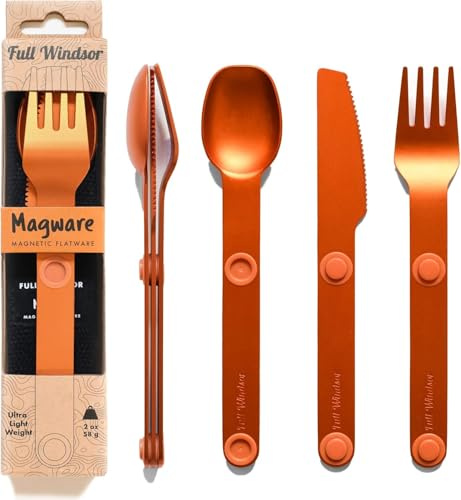 FULL WiNDSOR - MAGWARE Magnetic Travel Camping Cutlery Utensils Set | Travel Utensils for Outdoor Cooking, Dining, & Camping, Knife, Fork & Spoon, Portable Silverware & Pouch, Orange (3 PCS)