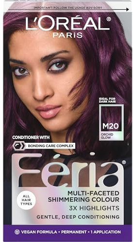 L’Oreal Paris Feria Midnight Bold Multi-Faceted Permanent Hair Dye, One-Step Hair Color Kit for Dark Hair, No Bleach Required, Orchid Glow
