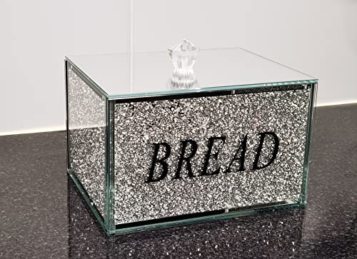 DEENZ Crushed Diamond Crystal Filled Bread Bin In Silver For Whole Loaf With Black Writing Silver Jar Storage