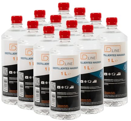 D.LINE Destilliertes Wasser 1 Liter, Entmineralisiert nach Vorschrift VDE 0510 und DIN 43530 (12x 1 Liter)