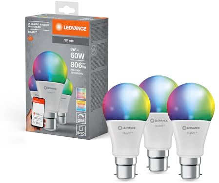 LEDVANCE Lampe LED intelligente avec technologie WiFi, B22d-base, optique mate,Couleurs RVBW modifiables, couleur de lumière modifiable (2700K-6500K), 806 Lumen,Remplacement de 60W-Ampoules 3-Pack