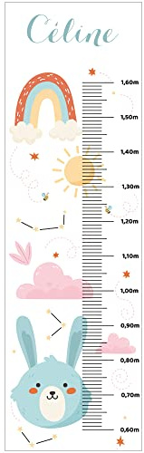Personalisierbare Messlatte für Kinderzimmer, Motiv: Tiere und Regenbogen, 130 cm.