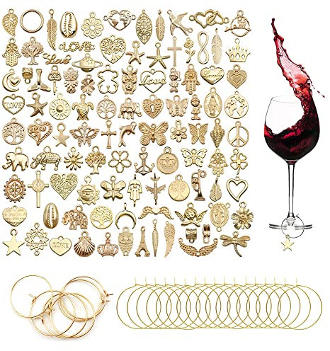 100pcs Getränke Markierungen Becher Drink Marker Weinglas Charms Glasmarkierer Glasmarkierung mit 50pcs Schnallende für Wein Cocktail Champagner-Verkostungsparty Gefälligkeiten Dekorationsbedarf Gold