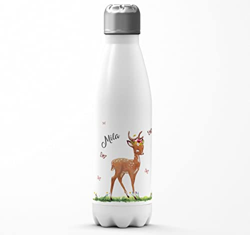 Mikalino Kinder Edelstahl Trinkflasche Niedliches Rehkitz auf einer Blumenwiese personalisiert mit Wunschname Einschulung Schulanfänger Thermosflasche, Farbe:weissweiss, Grösse:500ml