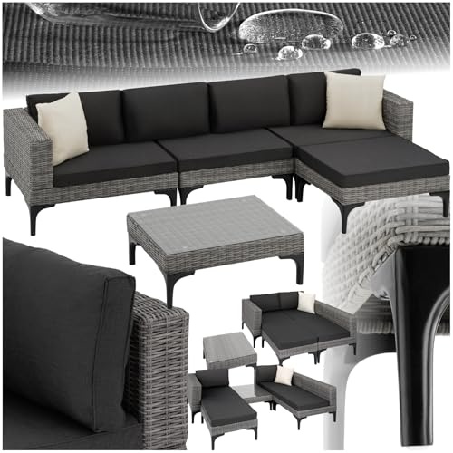 tectake® Salottino in Rattan Konstanza, Telaio in Alluminio, Resistente ai Raggi UV, Comode Poltrone, Imbottitura Spessa, Rivestimenti Idrorepellenti, Tavolino Salotto con Lastra in Vetro - Grigio