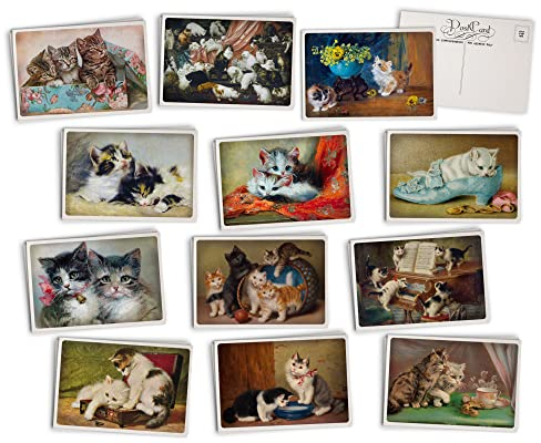 The Collab Lab Antique Cat Postcards - 24 Vintage Postcards - 12 Assorted Kitten Retro Book Illustration Cards Printed on Vintage Textured Style Cardstock