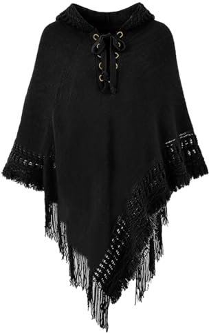 Rayson Mantella Poncho Donna Invernale con Cappuccio Bohémien Maglia Caldo Elegante Mantella Scialle con Frange Pocho Coprispalle Donna Scollo Regolabile(Nero,Taglia Unica)