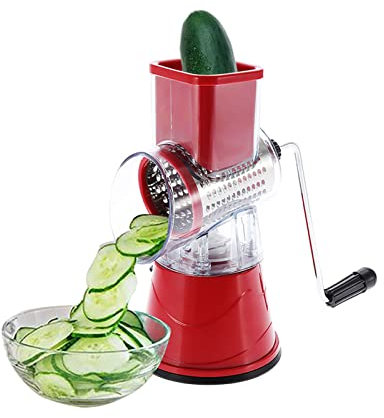 Grönsaksskivare, manuell spiral trumrivare, rostfritt stål ostrivare, grönsaksskärare skivverktyg rivare med 3 trumblad, spiralskivare för frukt och grönsaker (röd)