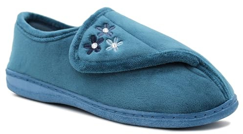 Dr Keller Womens Lightweight Faux Fur Wide Opening Touch Fasten Diabetic Orthopaedic Slippers (Blue, UK Footwear Size System, Adult, Women, Numeric, Medium, 5)