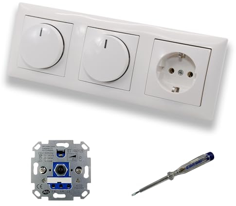 REV Ritter (2 x) LED Drehdimmer Dimmer + Busch Jäger Dimmerscheibe 2115-914 und Steckdose 20EUC-914 in Balance Si alpinweiß glänzend inklusive EBROM Phasenprüfer zur Montage der Geräte ET1 66012B