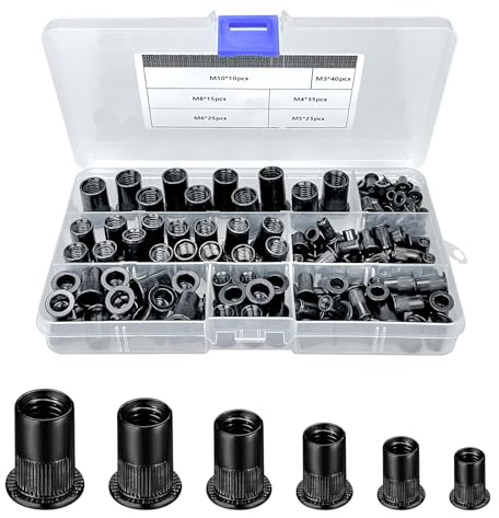 Set di 150 Dadi per Rivetti in Acciaio Al Carbonio - M3, M4, M5, M6, M8, M10 - per Rivetti Ciechi