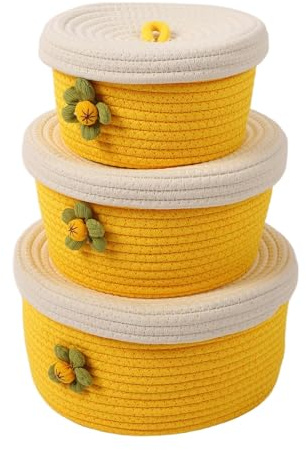 Tissting Baumwollseil Körbe Set, 3 Stück Gelb, Vielseitige Aufbewahrungslösung - Praktische Gewebte Körbe Mit Deckel, Ideal Für Heimdekoration, Organisation In Schlafzimmer, Büro Und Mehr
