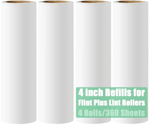 4'' Lint Plus Roller Refills Only Compatible with Flint Plus XL Retractable Lint Remover & Pet Hair Roller for Clothes Extra Sticky 90 Sheets Each Refill Total 360 Sheets (Travel Size)
