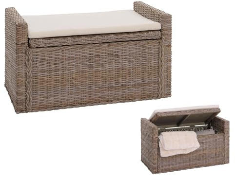 Mendler Baule Panca Contenitore M92 Rattan 44x88x51cm Grigio Marrone con Cuscino