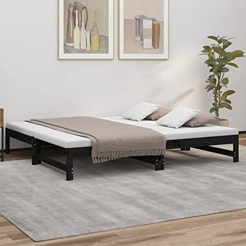 Homgoday Sofá Cama Extraíble, Cama Convertible en Cama Individual Cama Divan Sofá Cama Matrimonio de Madera Estructura Sofás de salón Madera Maciza de Pino Negro 2X(90x190) cm