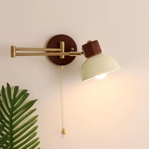 HAVERN Applique Murale, Applique Murale à Bras pivotant doré, Lampe Murale Nordique en Bois avec Interrupteur à chaînette, Finition crème rétro, Applique Murale réglable, éclairage de lec