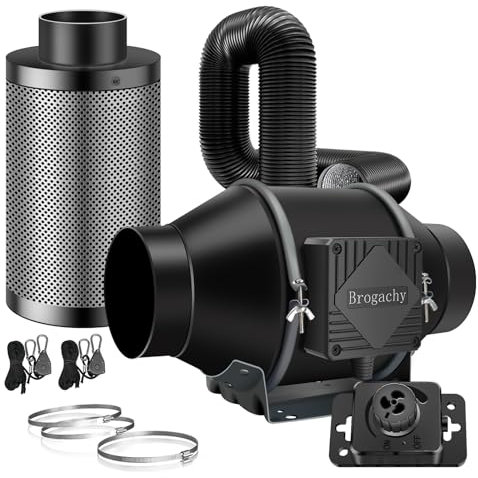 Brogachy 100mm Kit di filtrazione dell'Aria 363m³/h, Set di ventilazione 3000RPM,con Controllo della velocità,filtro al carbone attivo, tubo di scarico,anello di serraggio,per tenda Growbox serra.