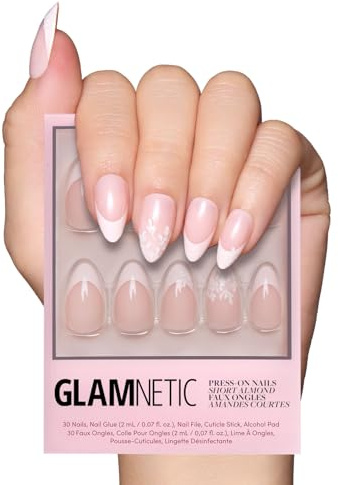 Glamnetic Press On Nails - All Time Love | Glossy, Semi-Transparent, Short Almond French Tip Nails with Leaf Accents, Salon Quality | 15 Sizes - 30 Nail Kit with Glue