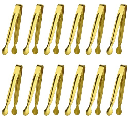 Tcoin Mini Serving Tongs Set, 12 Gold Stainless Steel Tongs, 6.3 in for Sugar Cubes, Ice, Candy, Charcuterie, Coffee Bar