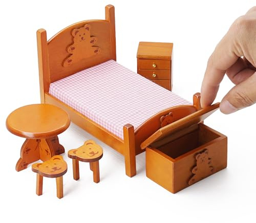 Odoria Puppenhaus Bett Miniatur Schlafzimmer: 1/12 Maßstab Puppenbett mit Bettwäsche Niedlich Nachttisch Truhe Kiste - Mini Tisch Stühle Aufbewahrungs Möbel Holz Braun 6Stk