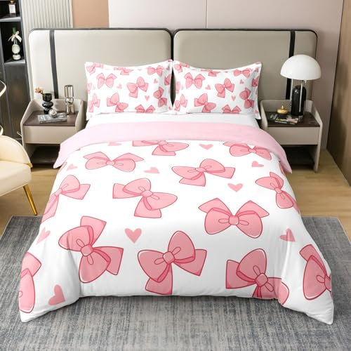 Loussiesd Set di biancheria da letto per bambini e ragazzi, in 100% cotone, con stampa a forma di cuore, 3 pezzi, con cerniera, senza piumino, con motivo a fiocco rosa