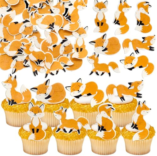 Gyufise 48Pcs Edible Animal Cupcake Toppers Wafer Paper Fox Baby Shower Cake Toppers for Woodland Animal Themed Baby Shower Birthday Party Table Decorations Yellow