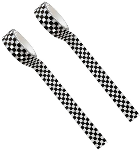 AKSIQIOL Paquete de 2 cintas adhesivas a cuadros en blanco y negro, tema de coche de carreras, calcomanía decorativa para manualidades, embalaje y proyectos de bricolaje
