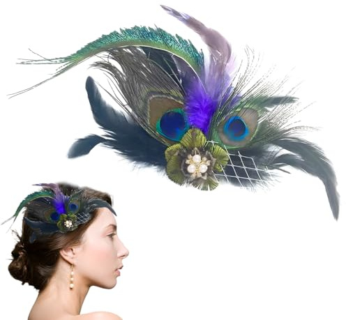 QOCUILC Feder Stirnbänder Pfau Kopfschmuck Kostüm Cocktail Vintage Zubehör für Damen, pfauenfedern, feder kopfschmuck