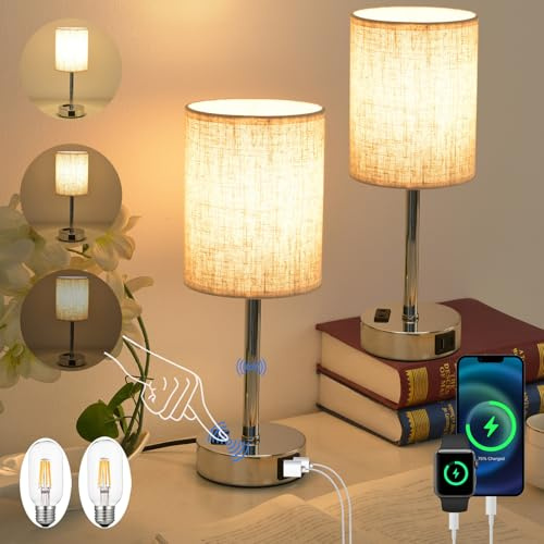 LSWZZ LED Nachttischlampe Touch Dimmbar 2er Set, Tischlampe mit Ladefunktion USB A+C-Anschlüssen, Kleine Lampe für Nachttisch Schlafzimmer Wohnzimmer Babyzimmer Büro(Beige-2 Stück)