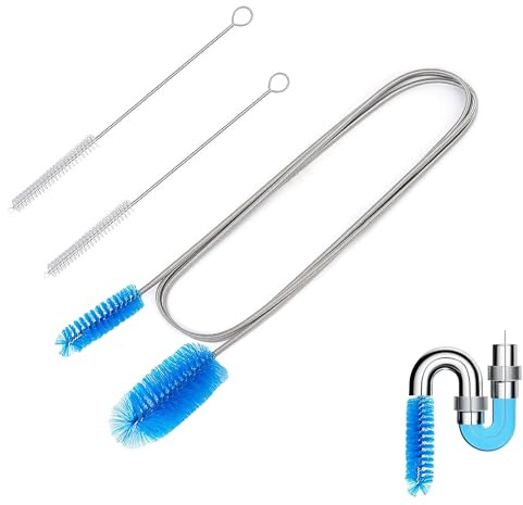 POPSKEETER Juego de Cepillo de Limpieza de tuberías con Doble Cabezal (2 m) + 2 cepillos de Manguera (20 cm) – Cepillo de Drenaje Flexible para tuberías, desagües, acuarios y hogar (Azul)