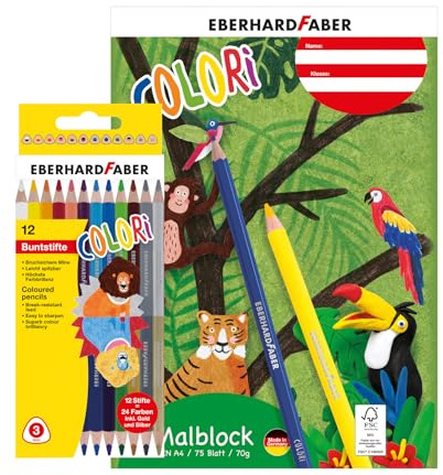 EBERHARD FABER 599044 - Malset Colori mit 12 Buntstifte und Zeichenblock DIN A4, 75 Blatt 70 g/m² Papier | 12 Buntstifte und Zeichenblock DIN A4, 75 Blatt, 70 g/m²