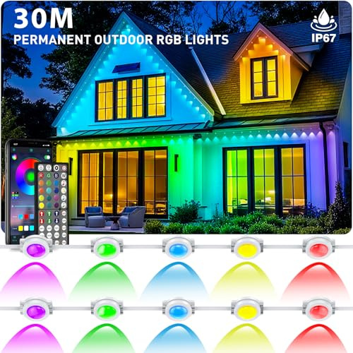 30m Permanente Außenbeleuchtung,RGB Wasserdicht Trauflichter outdoor, RGB-Dachrandbeleuchtung mit App-Steuerung und Fernbedienung,IP 67 Lichterkette außen für Weihnachtsbeleuchtung,Party Tägliche Deko