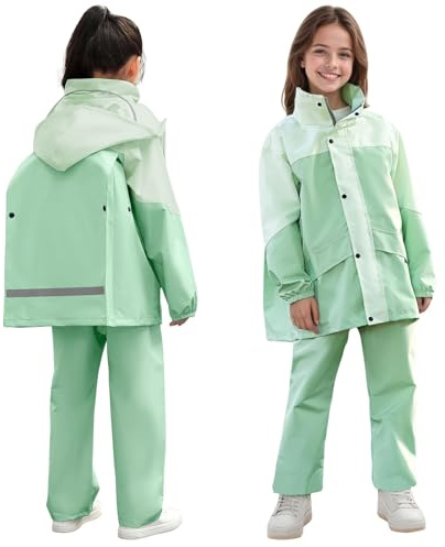 JinBei Traje Impermeable Niños Ligero Chubasquero Niña 2 Piezas con Capucha Chaqueta Impermeables Pantalones Reflectante Conjunto Ropa de lluvia Unisex para Escuela Senderismo, 11-12 años