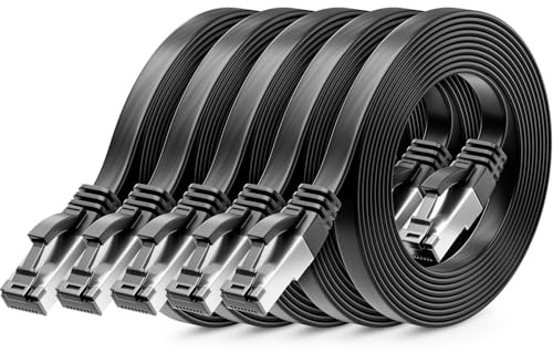 deleyCON 5x 0,25m CAT 8 Cable Red Plano (40 Gbit/s, Cobre) Gigabit Ethernet LAN - Cable Plano Delgado Corto - Conector RJ45 para CAT8 CAT7 CAT6 - Negro