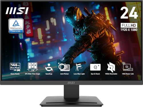 MSI Pro MP243L E14 Monitor de Escritorio para Juegos IPS de 24 Pulgadas 1920 x 1080 (FHD), 144 Hz, sincronización adaptativa, Listo para HDR, HDMI, Puerto VGA, Montaje VESA, inclinable, Bisel Delgado