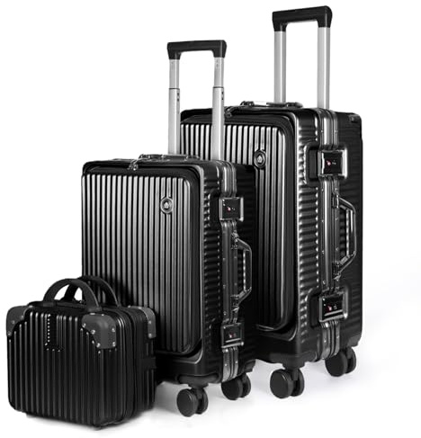 MERCURY TEXTIL-Juego de 3 Maletas de Viaje Cabina, Grande y Neceser de Policarbonato y ABS. Maletas Multifunción con USB, Múltiples Compartimientos con Bolsillo Frontal y Portavasos (Negro)