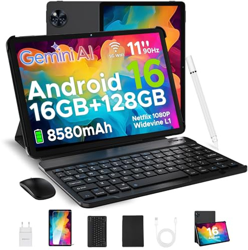 DOOGEE U11 Neueste Android 16 AI Tablet 11 Zoll 16GB+128GB (2TB TF) Widevine L1 Gaming Tablets, 8580mAh, Octa-Core, 2.4G+5G WiFi, 13MP+5MP, Tablet mit Tastatur, Maus, Stift, Hülle und Schutzfolie